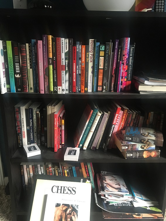 erotic, gender and kink books on shelves